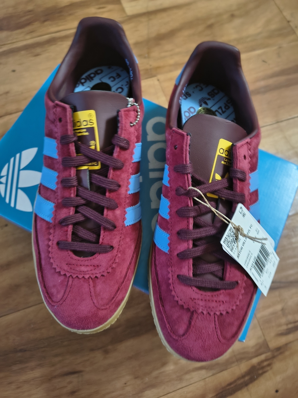 Adidas Aston Villa Spezial FC Burgundy Suede Sneakers with Blue Stripes